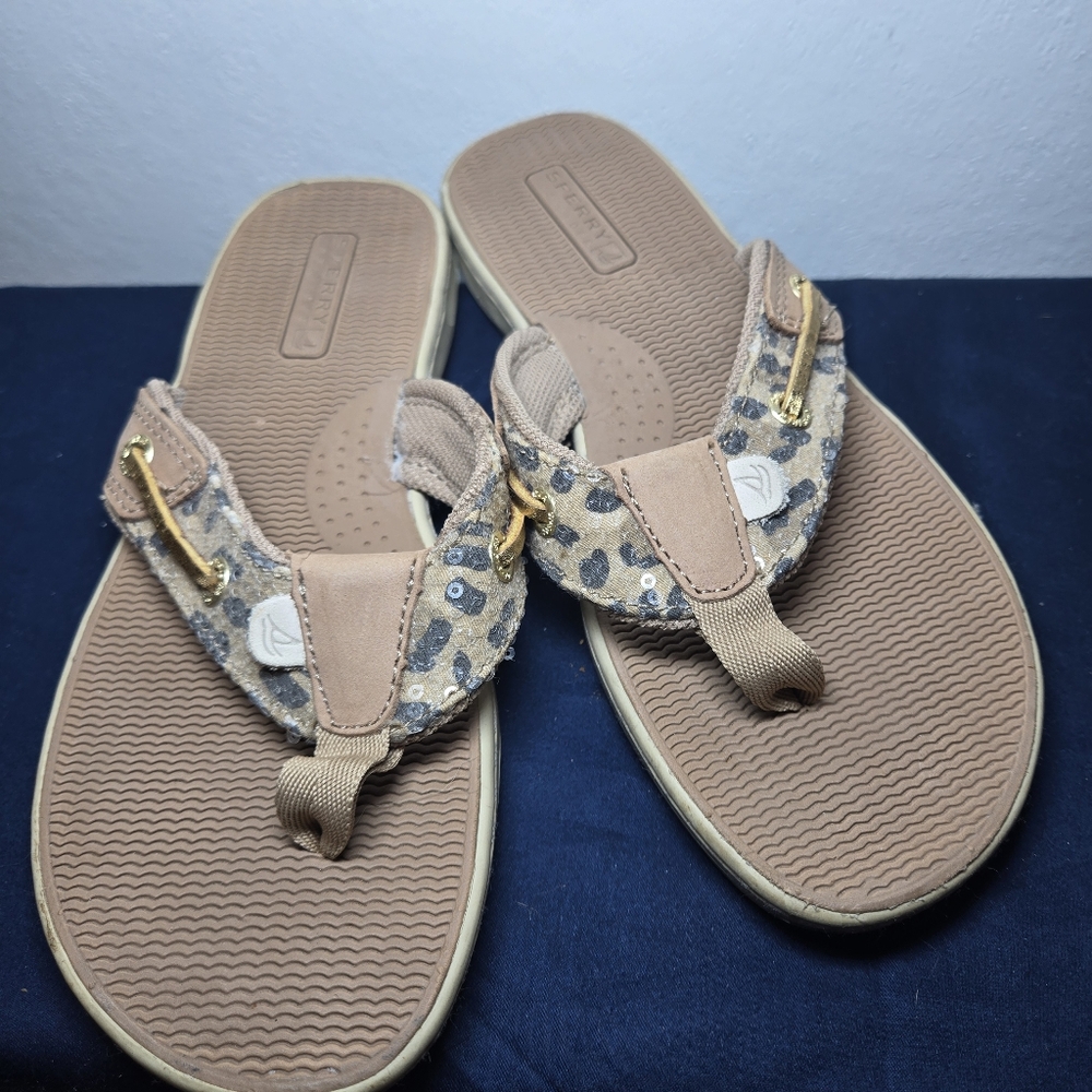 Womens Sperry Topsider Thing Flip Flop Leopsrd Print Sequins Size 6 - Picture 3 of 5